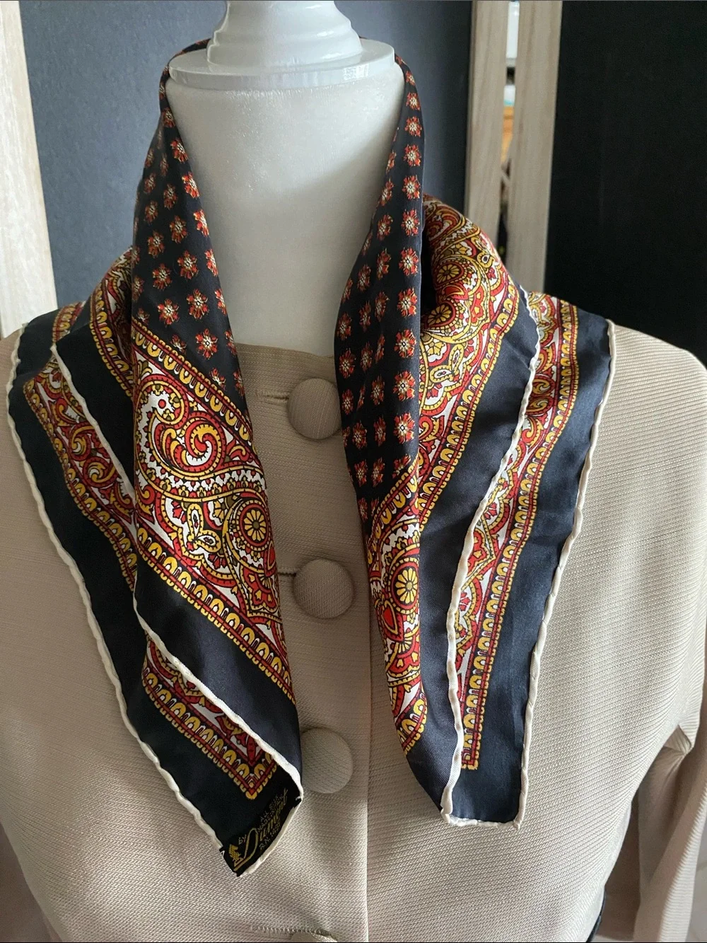 Dumont Vintage Men's Black Silk Paisley-Neck Scarf with Red & Gold Accents